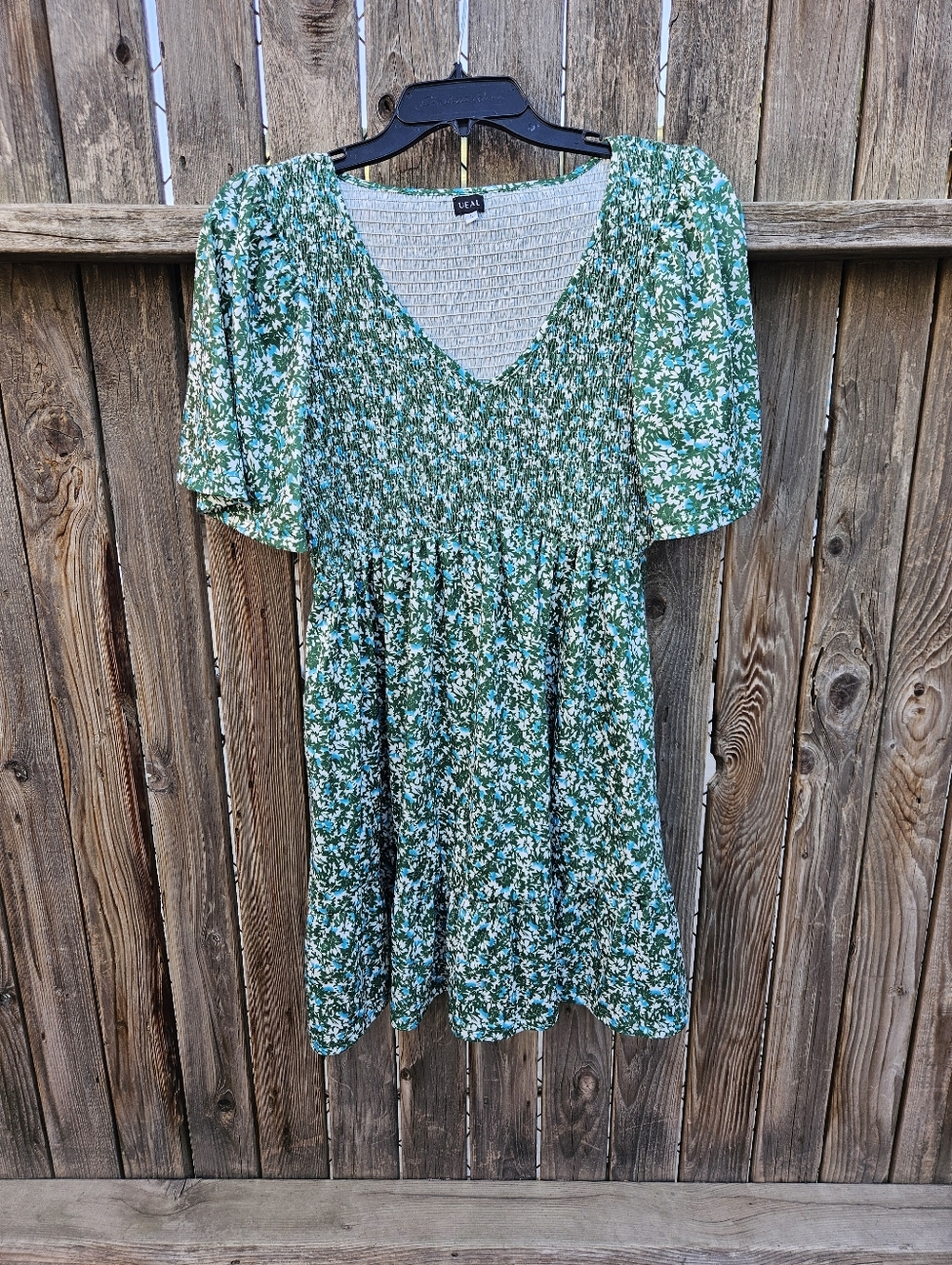 UEAL Luxe Green Floral Smocked Mini Dress Women Size L